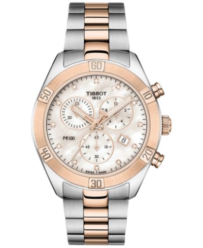 Tissot Women's Swiss Chronograph T-Classic PR 100 Diamond (1/20 ct. t.w.) Two-Tone PVD Stainless Steel Bracelet Watch 38mm