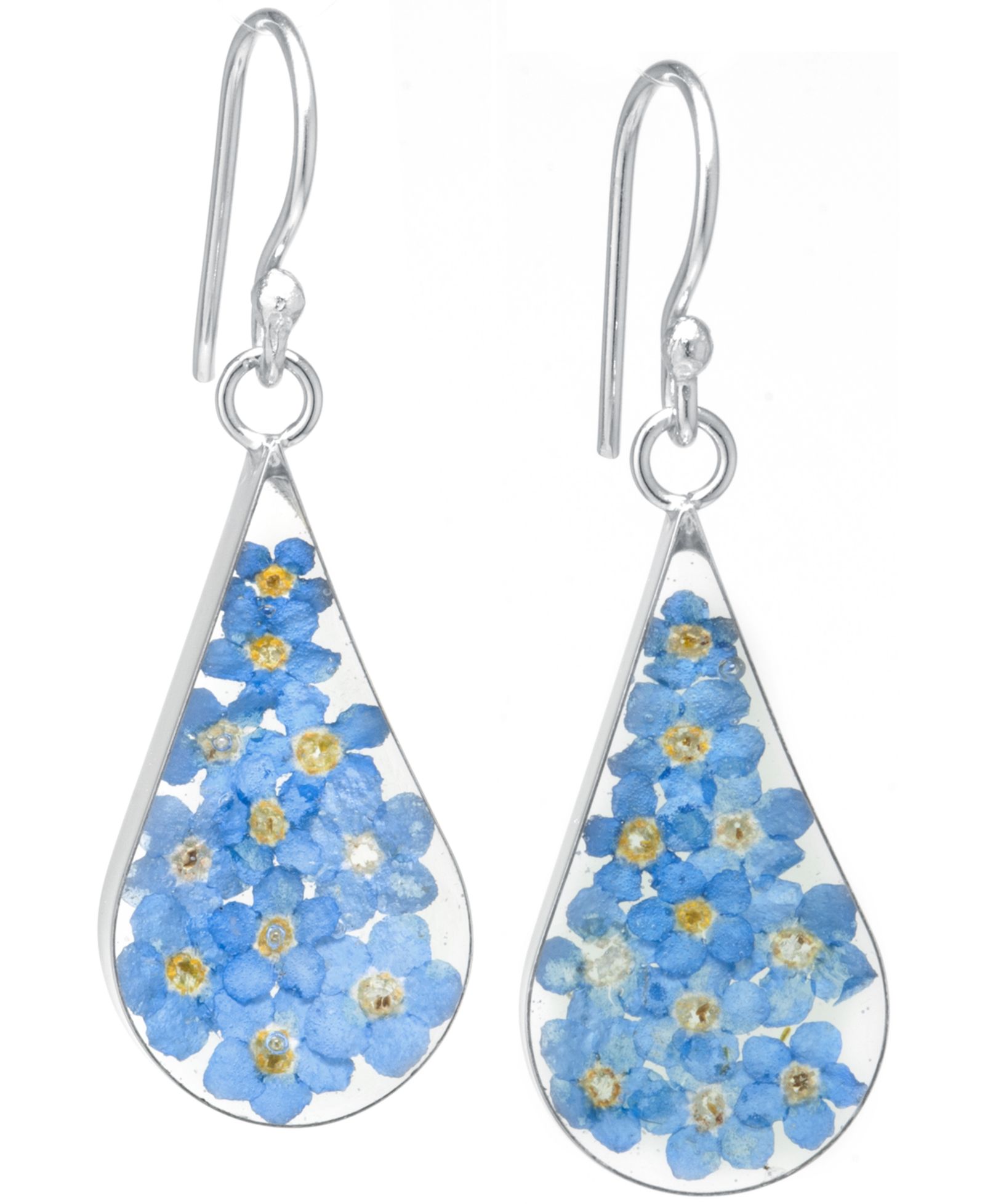 Medium Teardrop Dried Pressed Flower Earrings in Sterling Silver. Available in Multi, Blue, Yellow or Purple