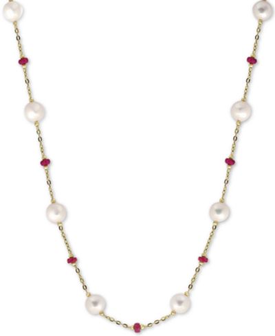 EFFY® Cultured Freshwater Pearl (8mm) & Ruby (3-1/3 ct. t.w.) 18" Statement Necklace in 14k Gold (Also in Sapphire)