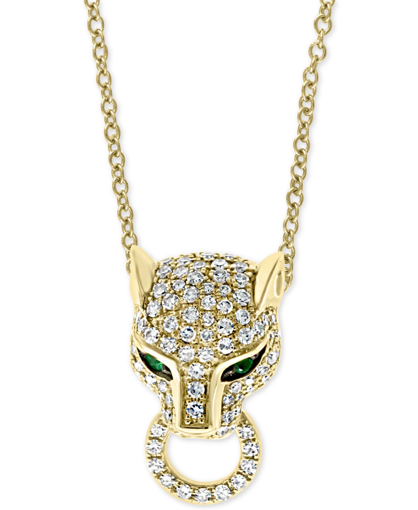 EFFY® Diamond (3/8 ct. t.w.) & Emerald (1/20 ct. t.w.) Panther 18" Pendant Necklace in 14k Gold