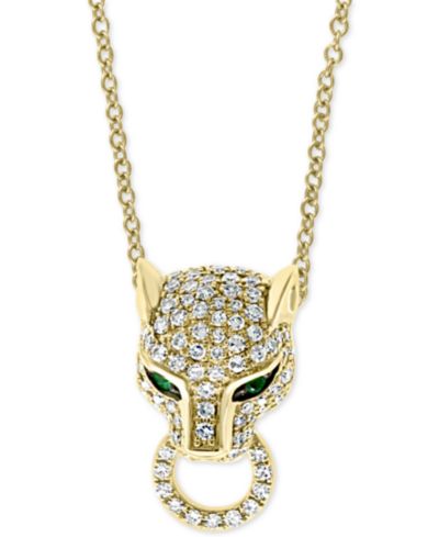 Подвеска-кулон EFFY® Diamond (3/8 ct. t.w.) & Emerald (1/20 ct. t.w.) Panther 18" в 14k Gold