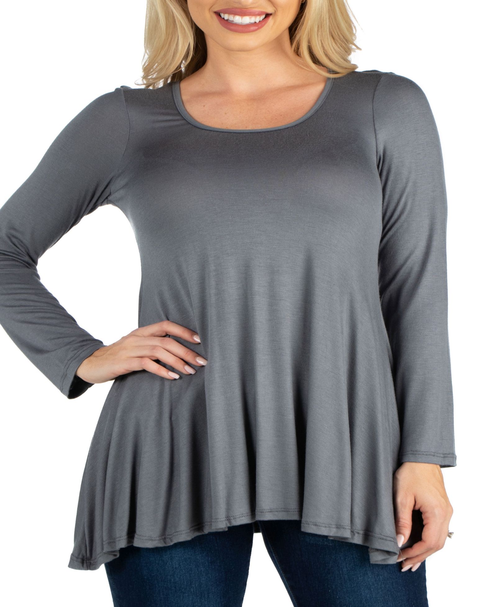 24Seven Comfort Apparel Long Sleeve Solid Color Swing Style Flared Tunic Top