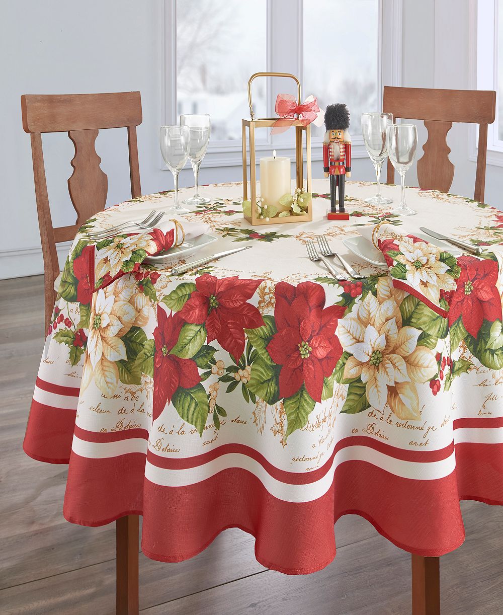 Elrene Red and White Poinsettias Tablecloth - 70"