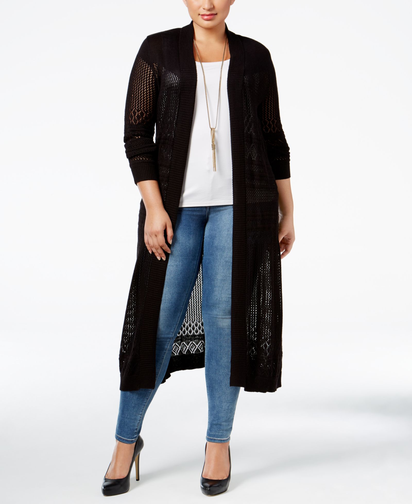 Belldini Plus Pointelle-Stitch Duster Cardigan Sweater