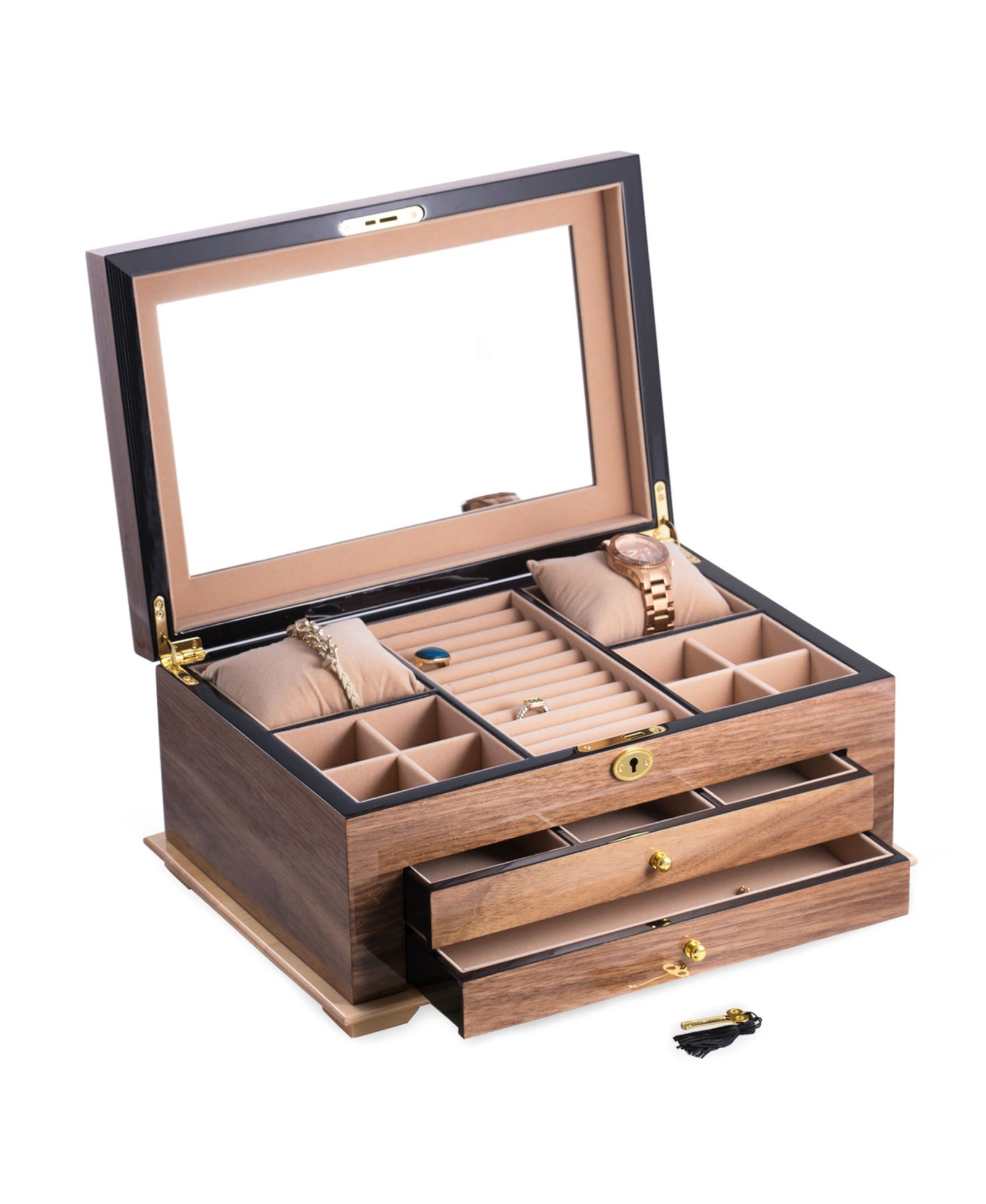 Шкатулка для украшений Bey-Berk Walnut на 3 уровня с золотистыми акцентами и замком