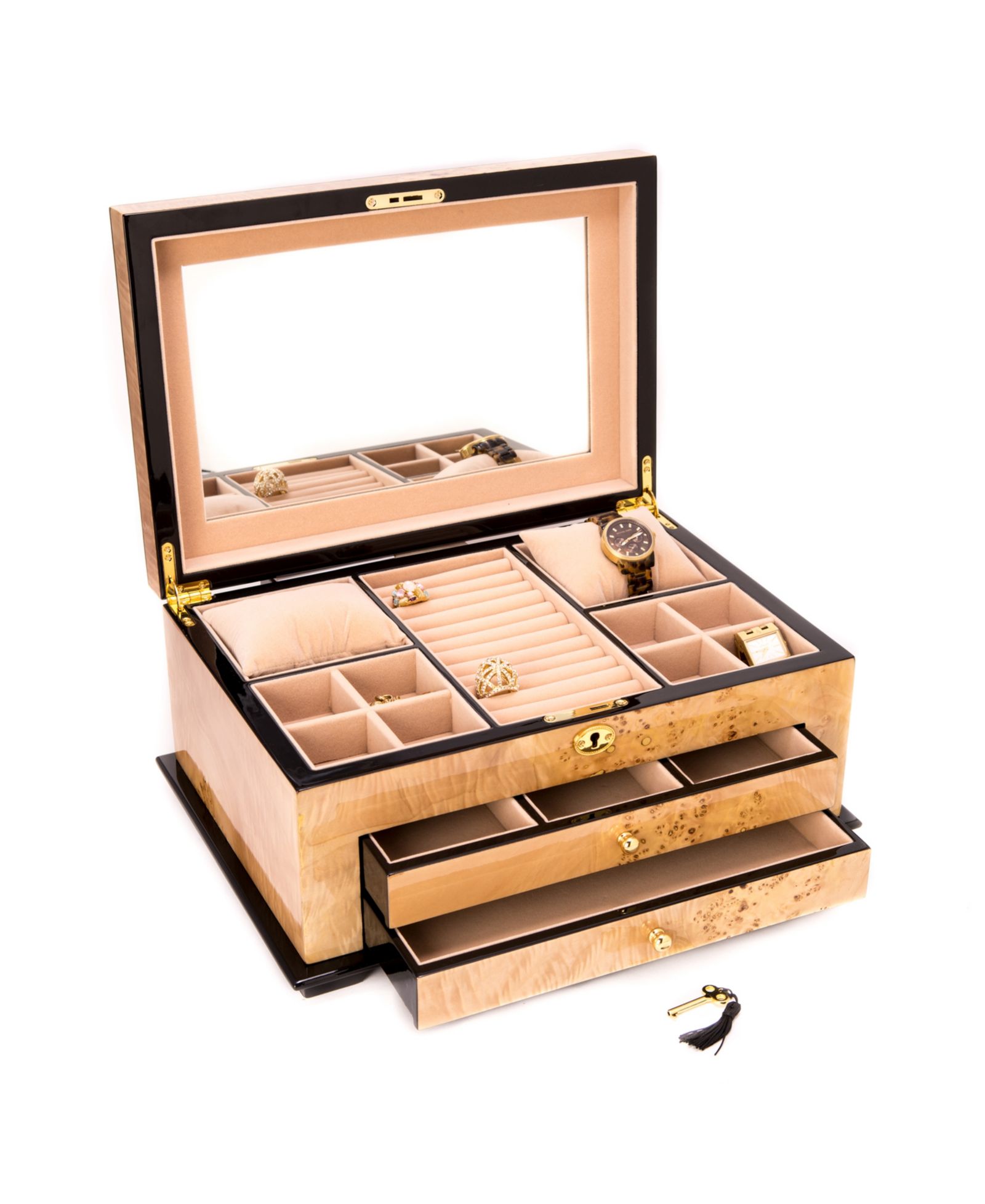 Шкатулка для украшений Bey-Berk Birdseye Maple с золотистой отделкой