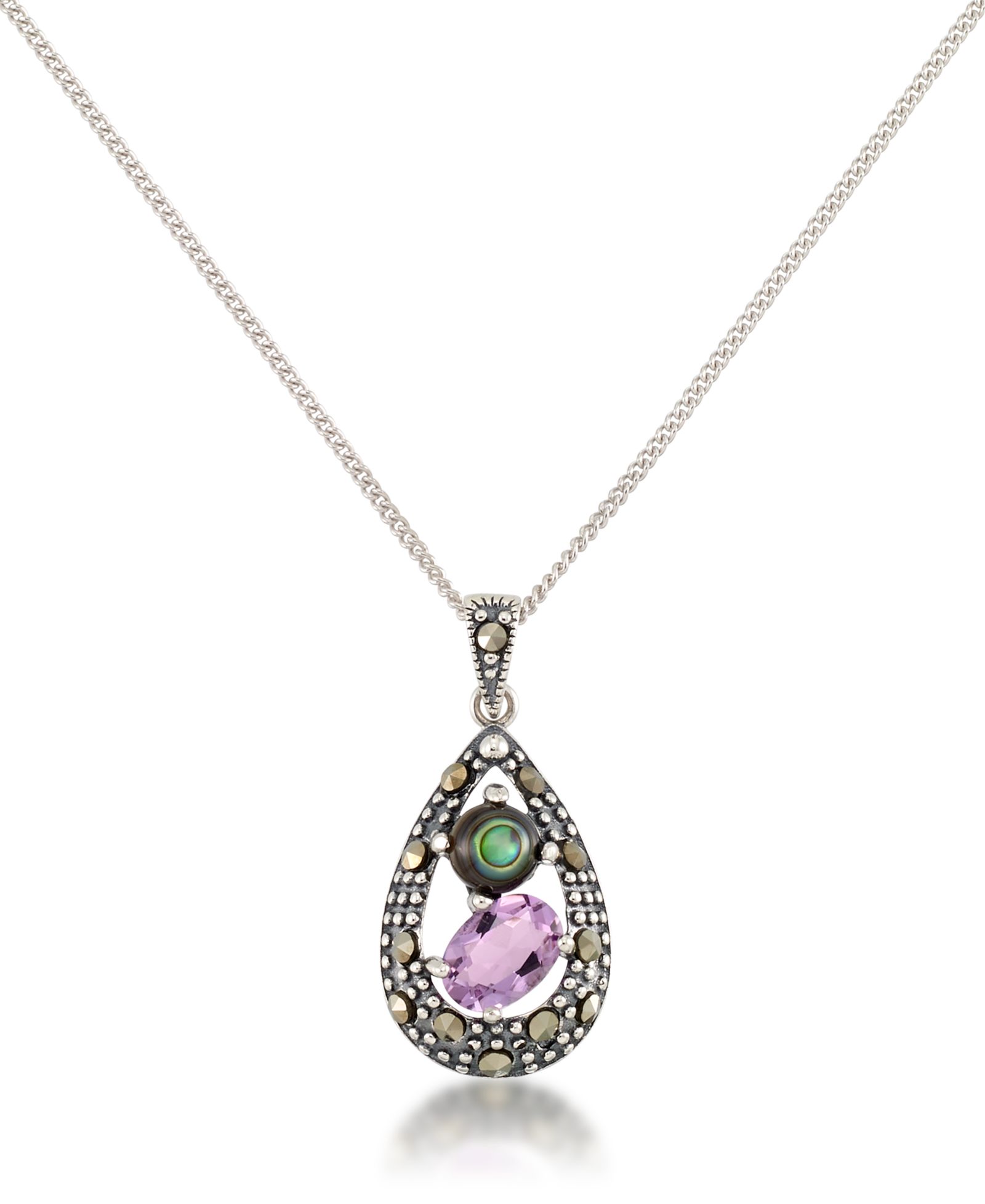 Подвеска Macy's Marcasite, Amethyst (7/8 ct. t.w.) and Abalone (1-1/2 ct. t.w.) Teardrop+18" Chain в Sterling Silver