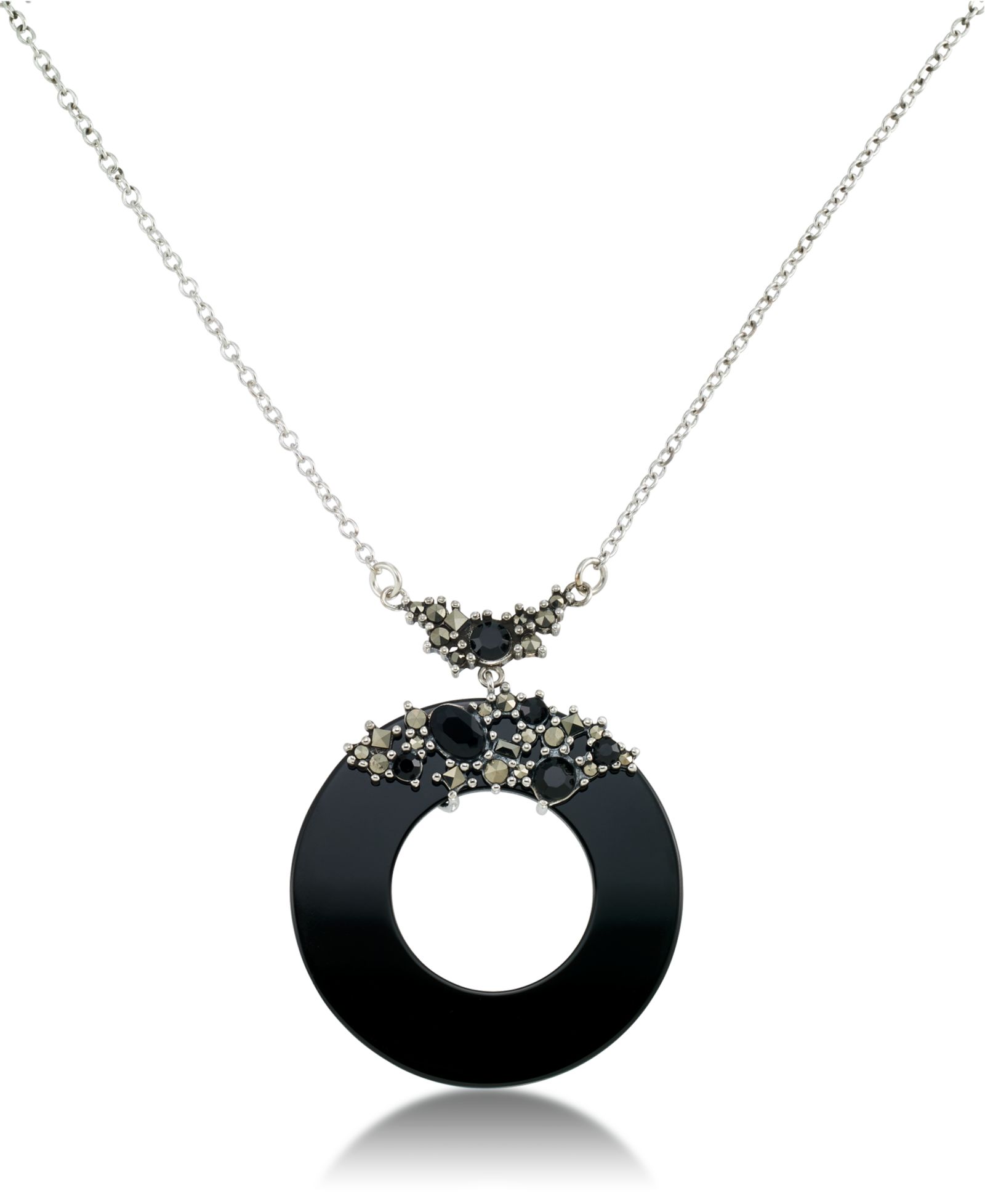 Marcasite и Onyx ожерелье с подвеской из стерлингового серебра 18"