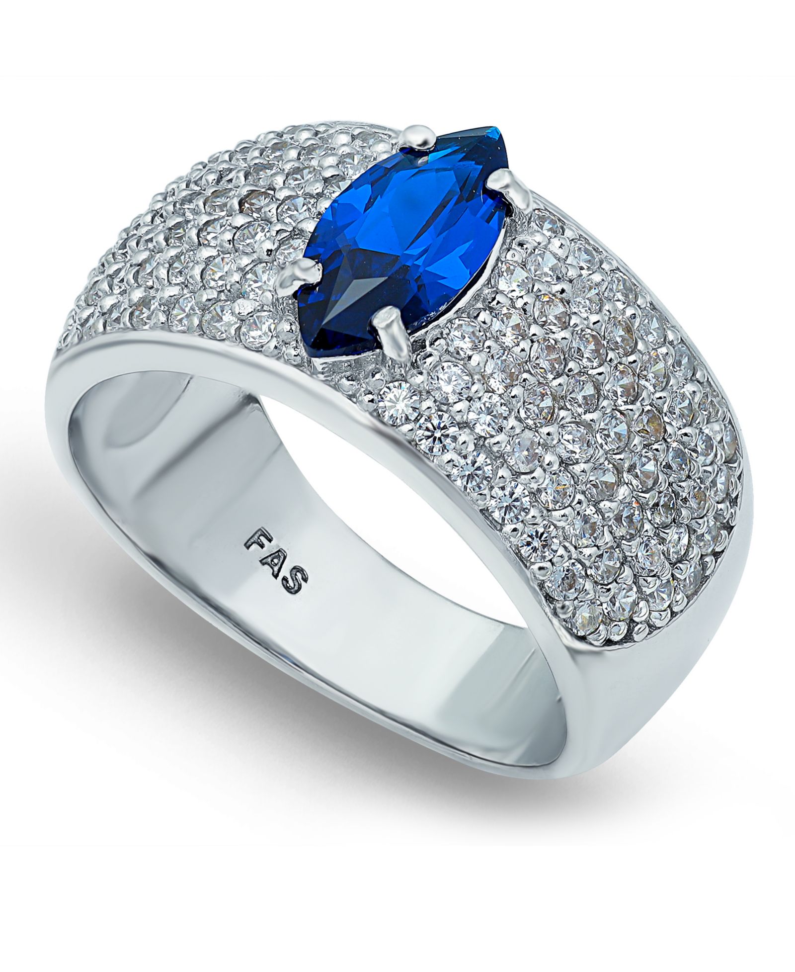 Cubic Zirconia Pavé Band Ring with Blue Marquise Center Prong Cubic Zirconia Stone in Silver Plate
