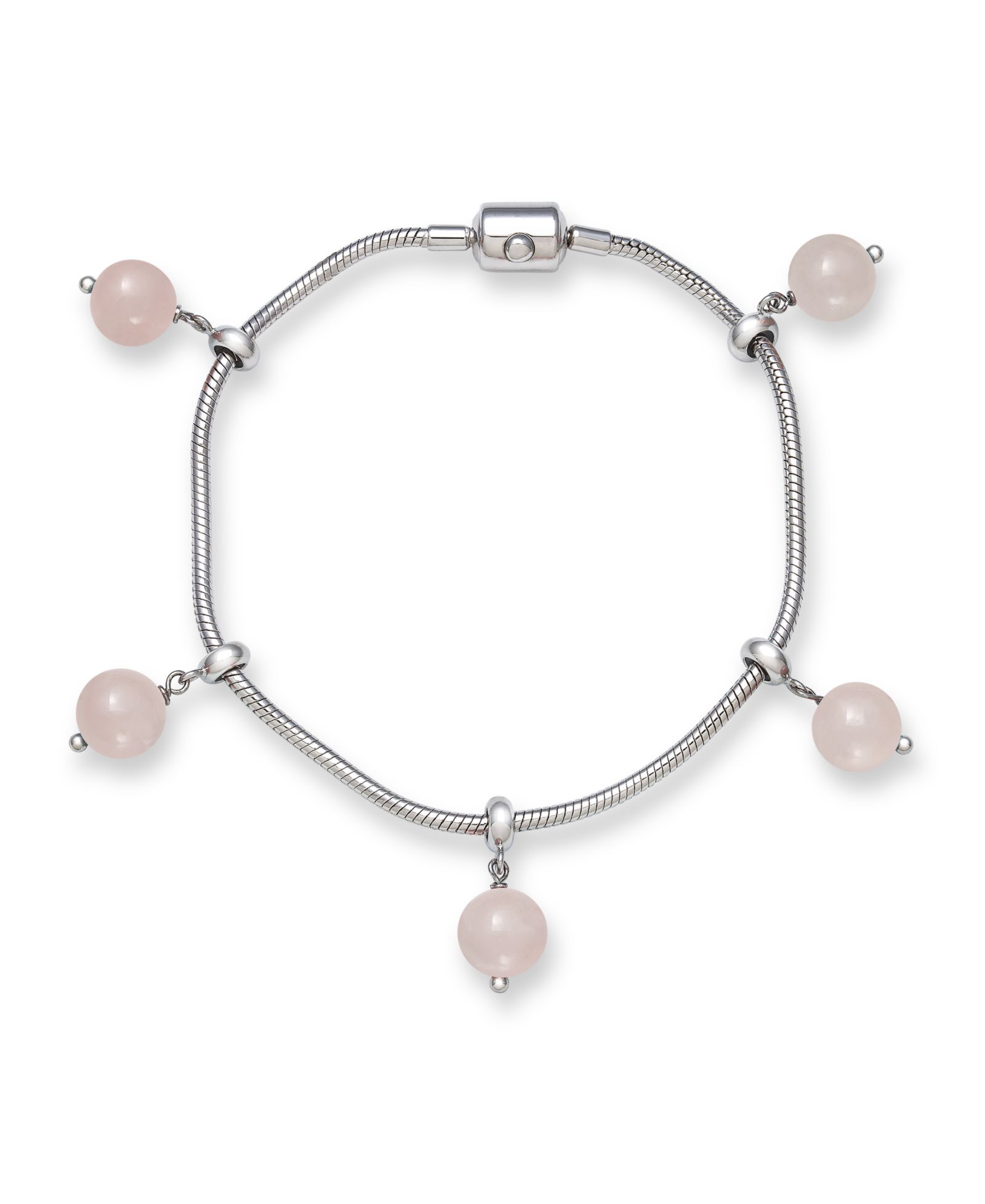 Adjustable Rose Quartz 8mm Charm 7.5" Bracelet in Sterling Silver