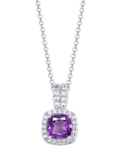 Birthstone Cushion Halo Pendant Necklace in Silver Plate