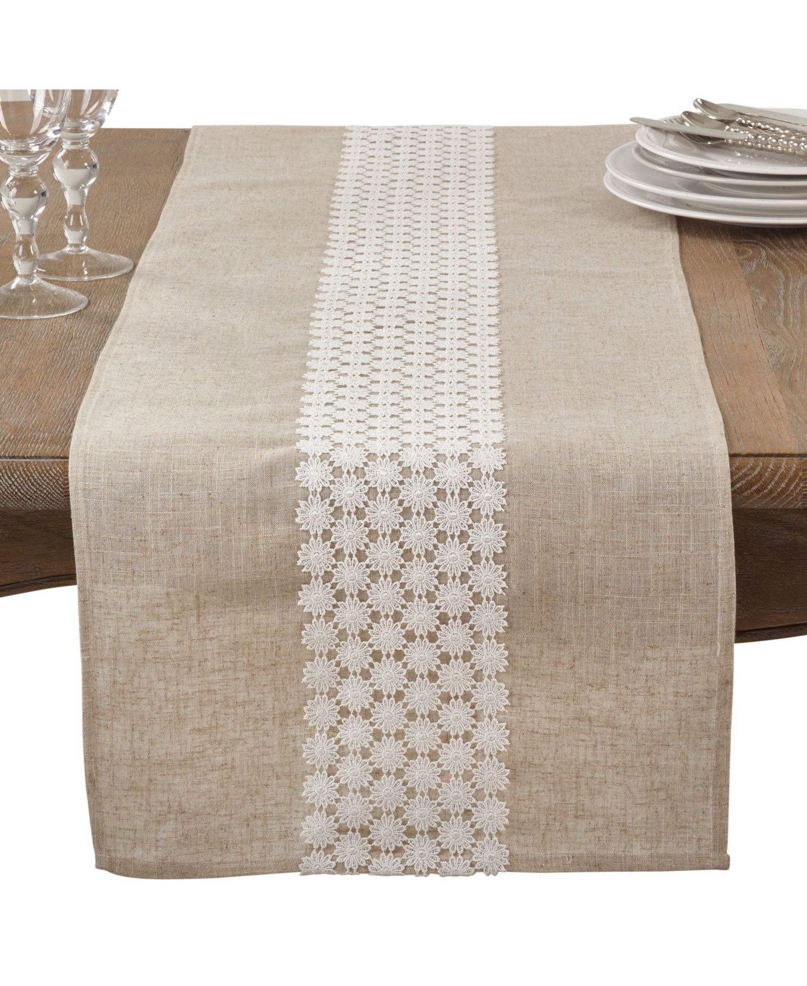 Saro Lifestyle Daisy Lace Design Country Linen Blend Table Runner