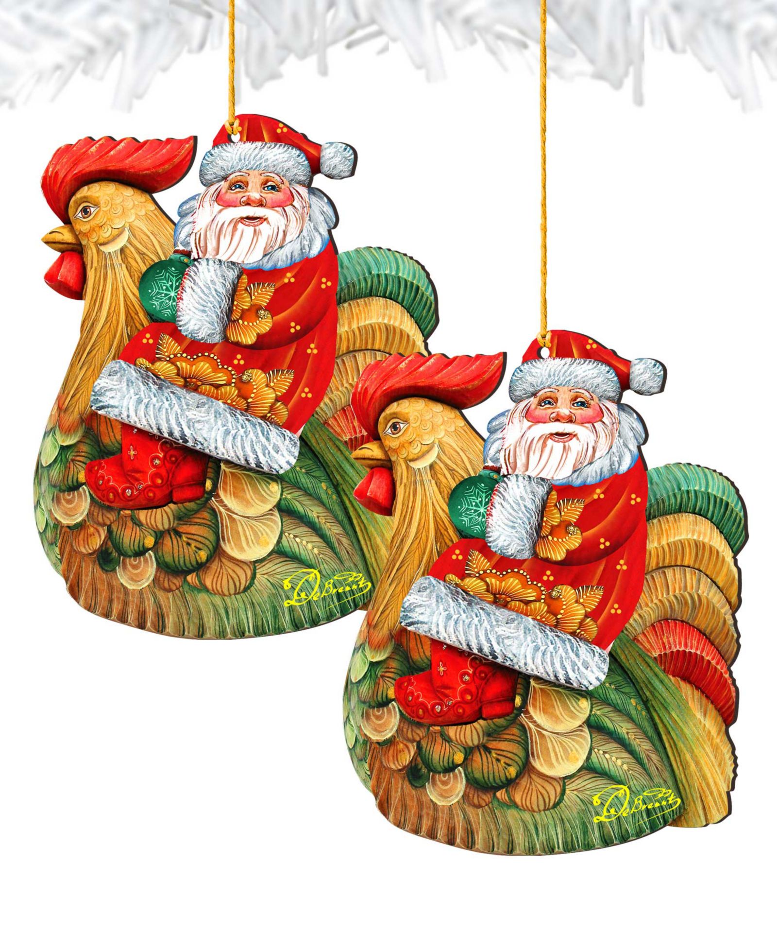 Деревянное рождественское украшение Designocracy Santa Rooster, набор из 2 шт.