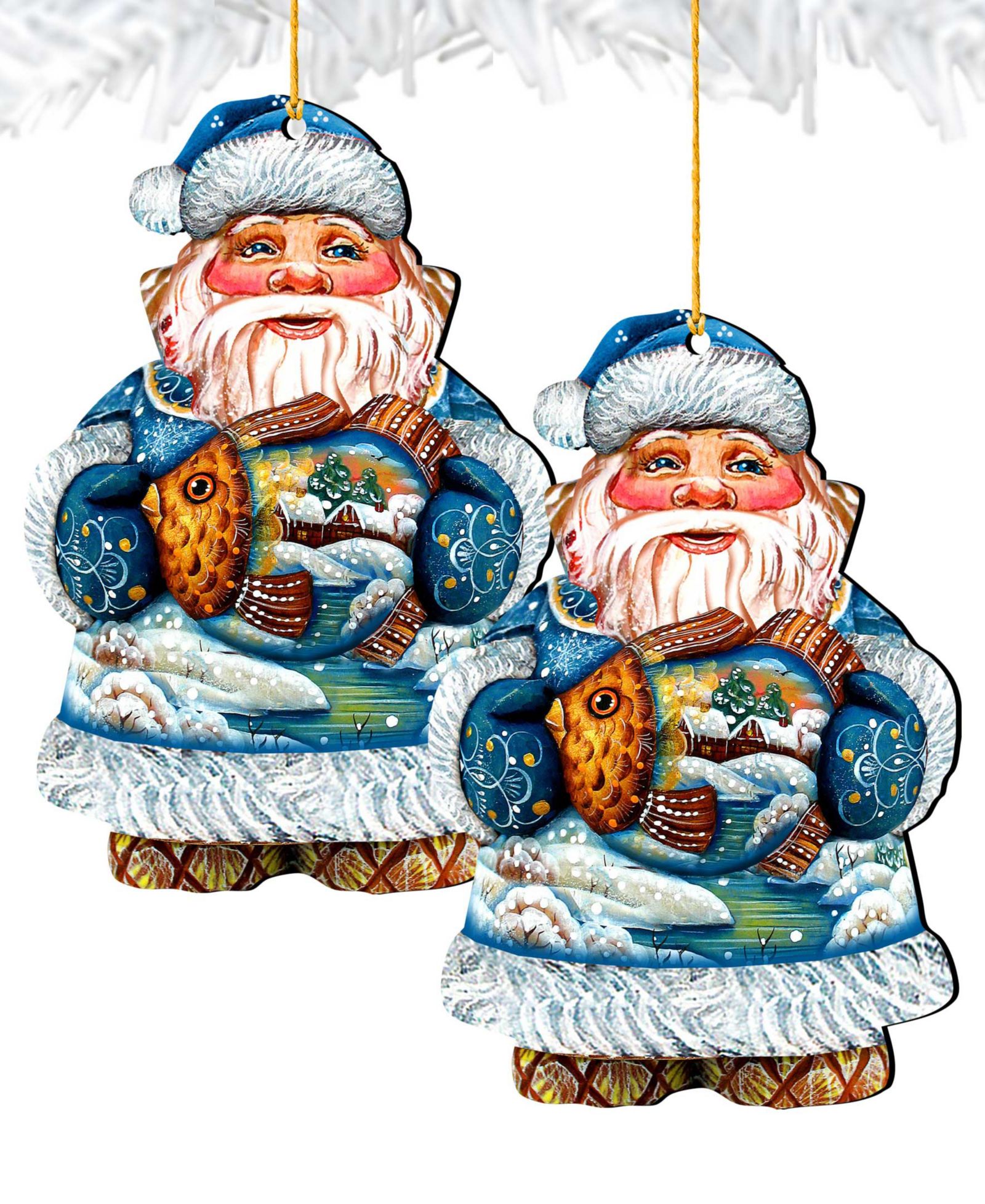 Designocracy Набор из 2 деревянных елочных украшений Gold Fish Santa