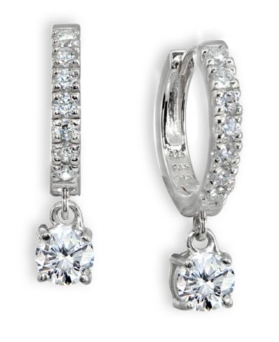 Cubic Zirconia Dangle Drop Huggie Hoop Earring in Sterling Silver or 18k Gold over Silver  (Also available in Lab created Opal)