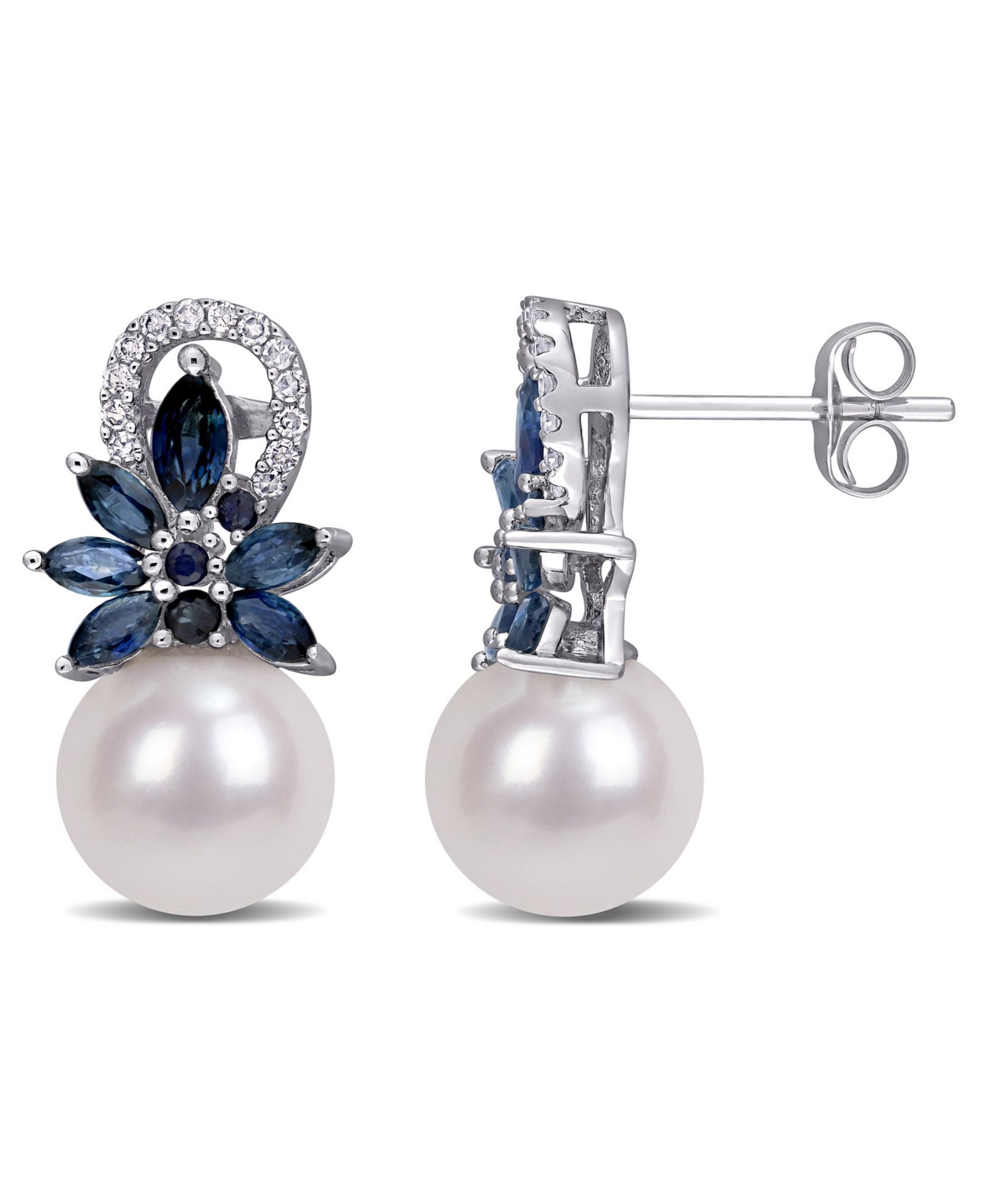 Серьги M&C Floral Freshwater Cultured Pearl Sapphire and Diamond 14k White Gold