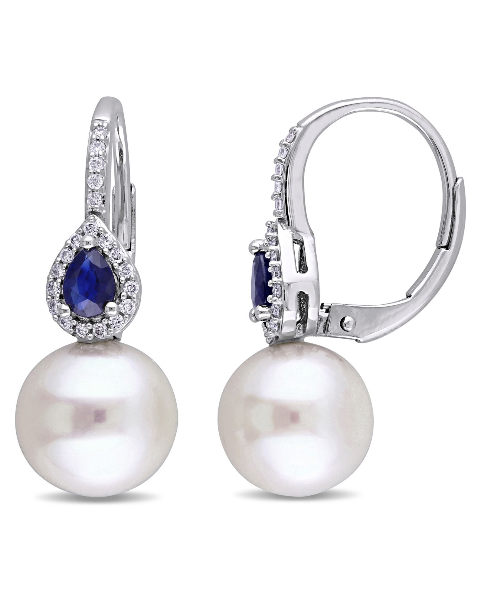 Серьги-капли с натуральным жемчугом (9-9.5mm), сапфиром (3/8 ct. t.w.) и бриллиантом (1/8 ct. t.w.) в белом золоте 14k