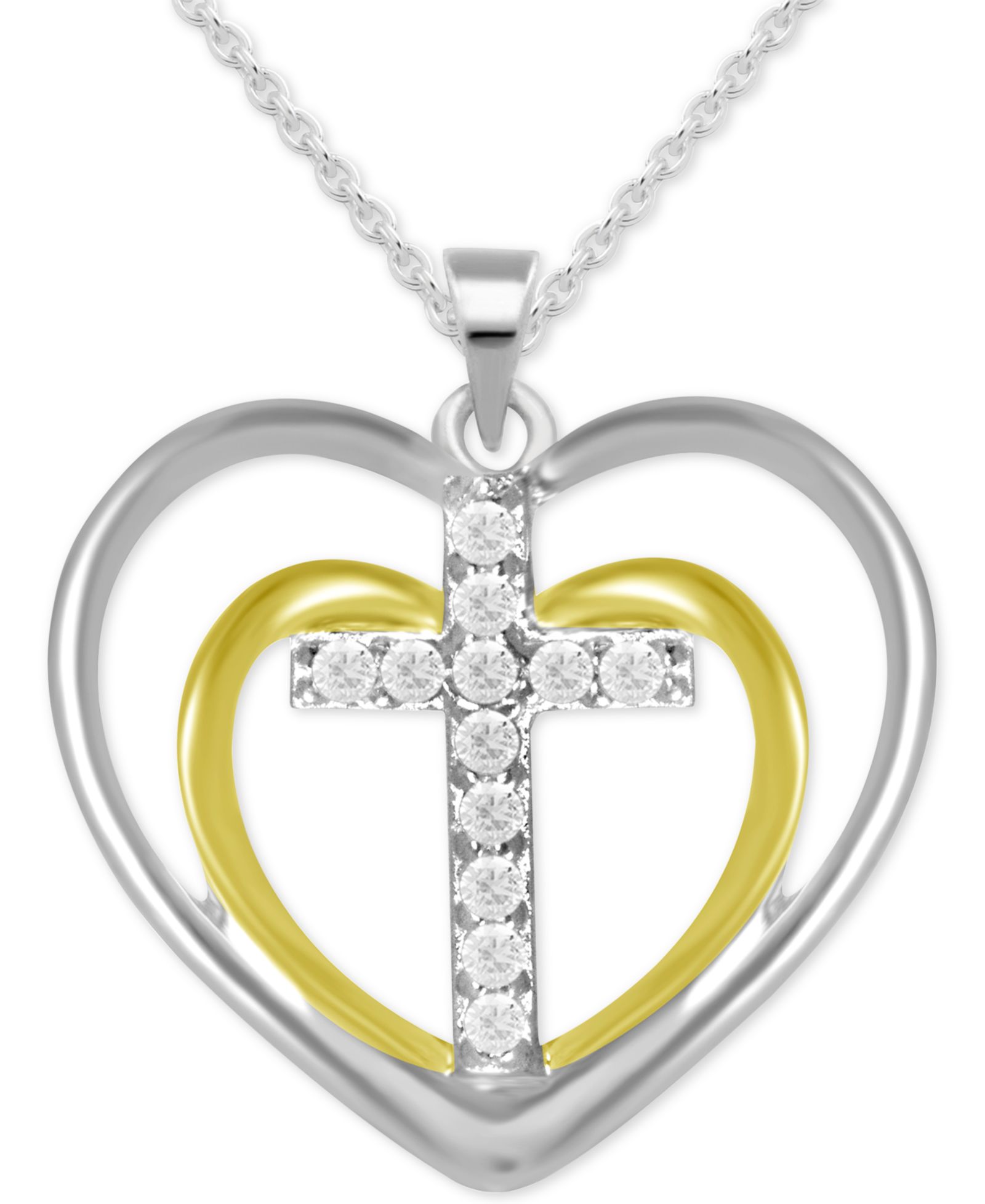 Подвеска Diamond Double Heart Cross в серебре и позолоченном серебре 14k