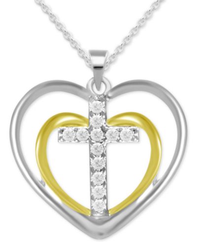 Diamond Double Heart Cross Pendant Necklace (1/10 ct. t.w.) in Sterling Silver & 14k Gold-plated Sterling Silver