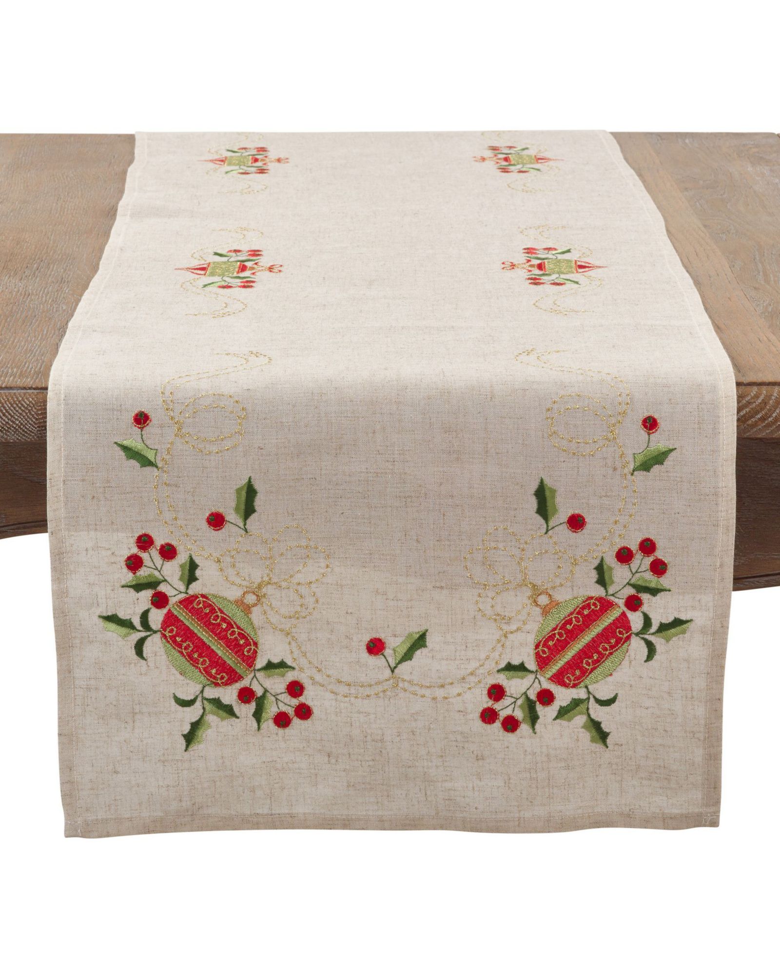 Saro Lifestyle Embroidered Ornament Holiday Linen Blend Table Runner, 16" x 90"