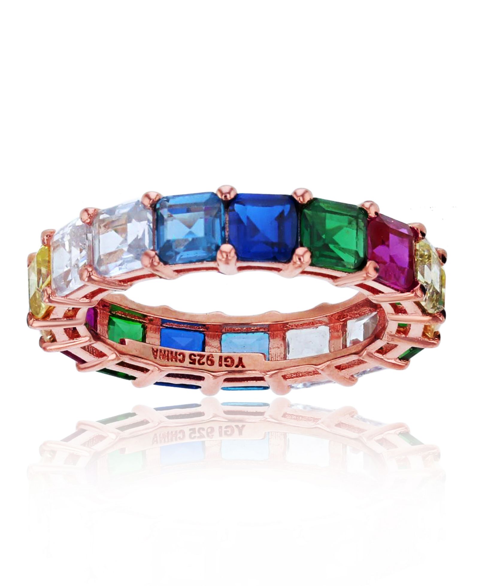 Rainbow Princess Cut Cubic Zirconia Eternity Band in 14k Rose Gold Plated Sterling Silver
