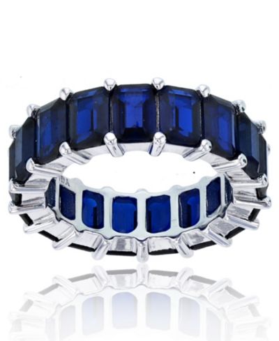Lab Grown Blue Spinel Emerald Cut Eternity Band in Rhodium Plated Sterling Silver