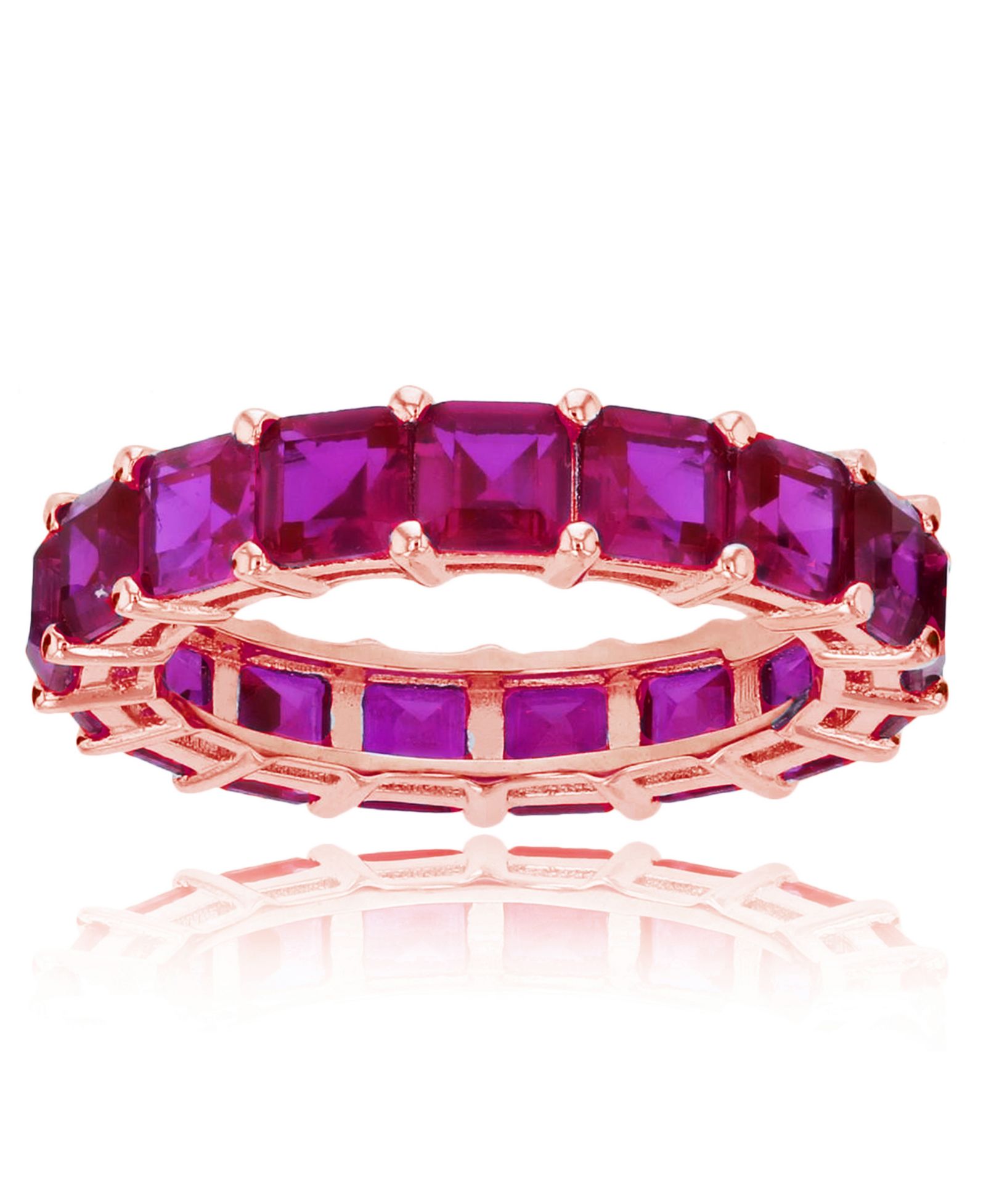 Red Princess Cut Cubic Zirconia Eternity Band in 14k Rose Gold Plated Sterling Silver