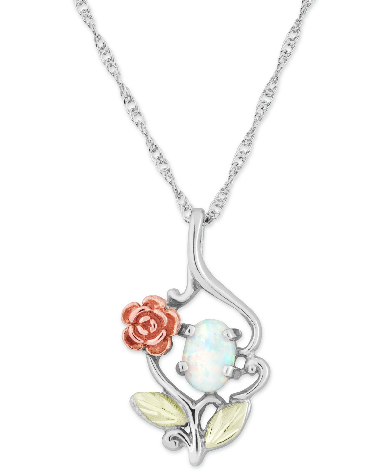 Ожерелье с кулоном White Opal (7x5mm) Rose 18" из стерлингового серебра с золотом 12k Rose и Green Gold
