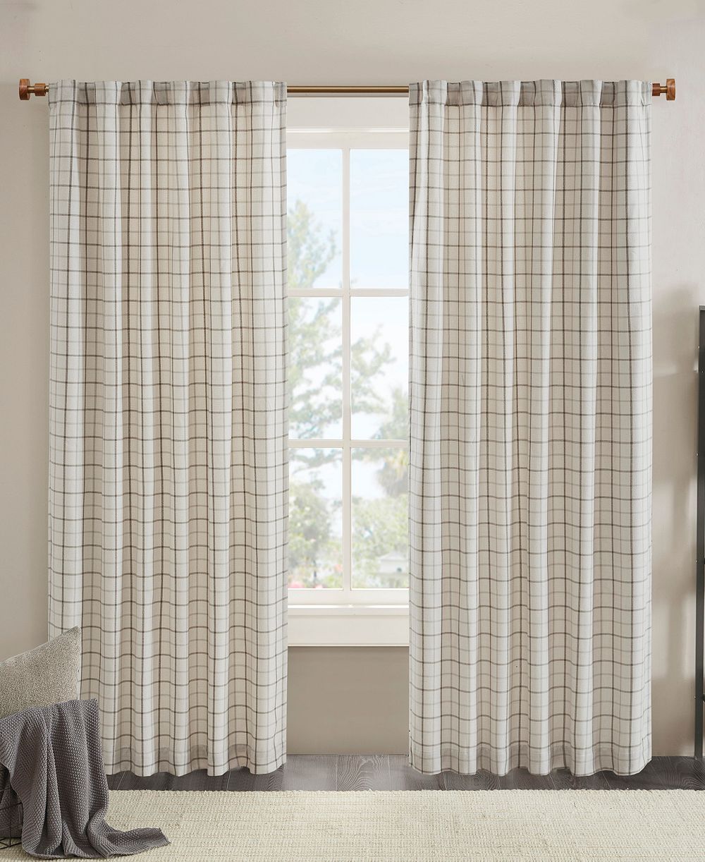 Madison Park Brown plaid fleece-lined curtain panel, 50x95 in, rod pocket/back tab design fits 1.25 in rods.