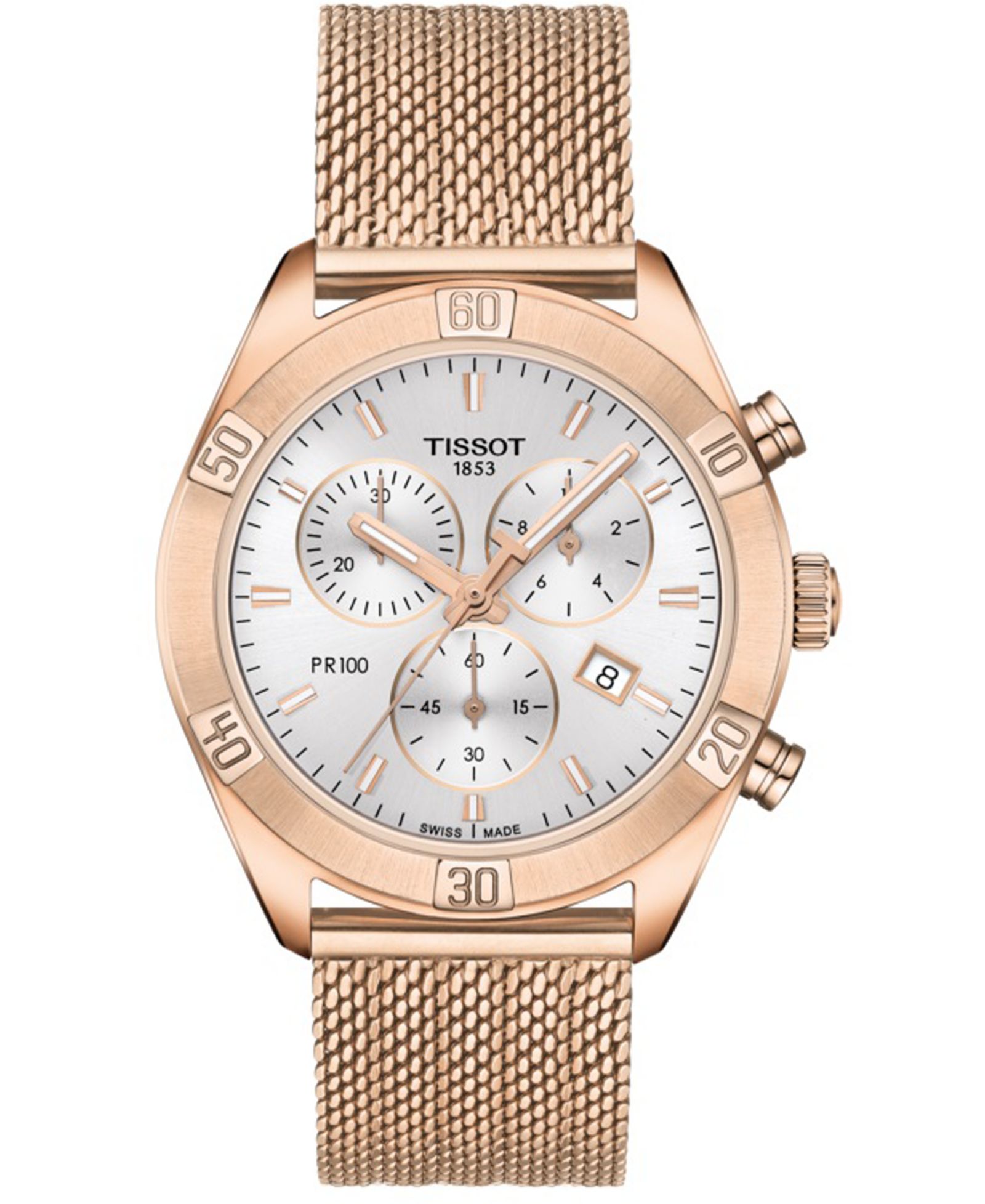 Tissot Women's Swiss Chronograph PR 100 Sport Chic T-Classic Rose Gold-Tone Stainless Steel Mesh Bracelet Watch 38mm