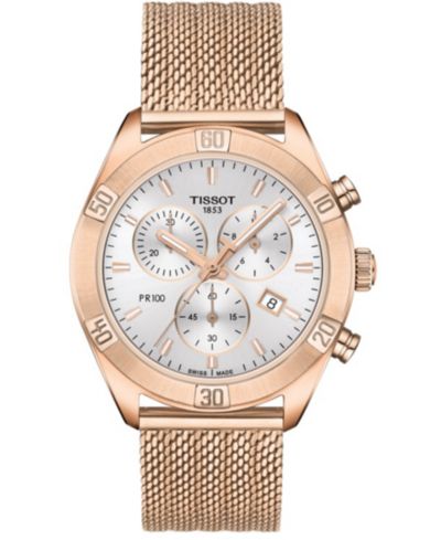 Tissot Women's Swiss Chronograph PR 100 Sport Chic T-Classic Rose Gold-Tone Stainless Steel Mesh Bracelet Watch 38mm