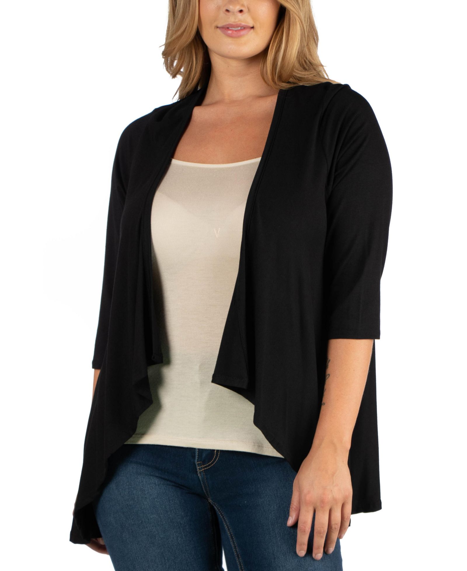 24Seven Comfort Apparel Elbow Length Sleeve Plus Size Open Cardigan