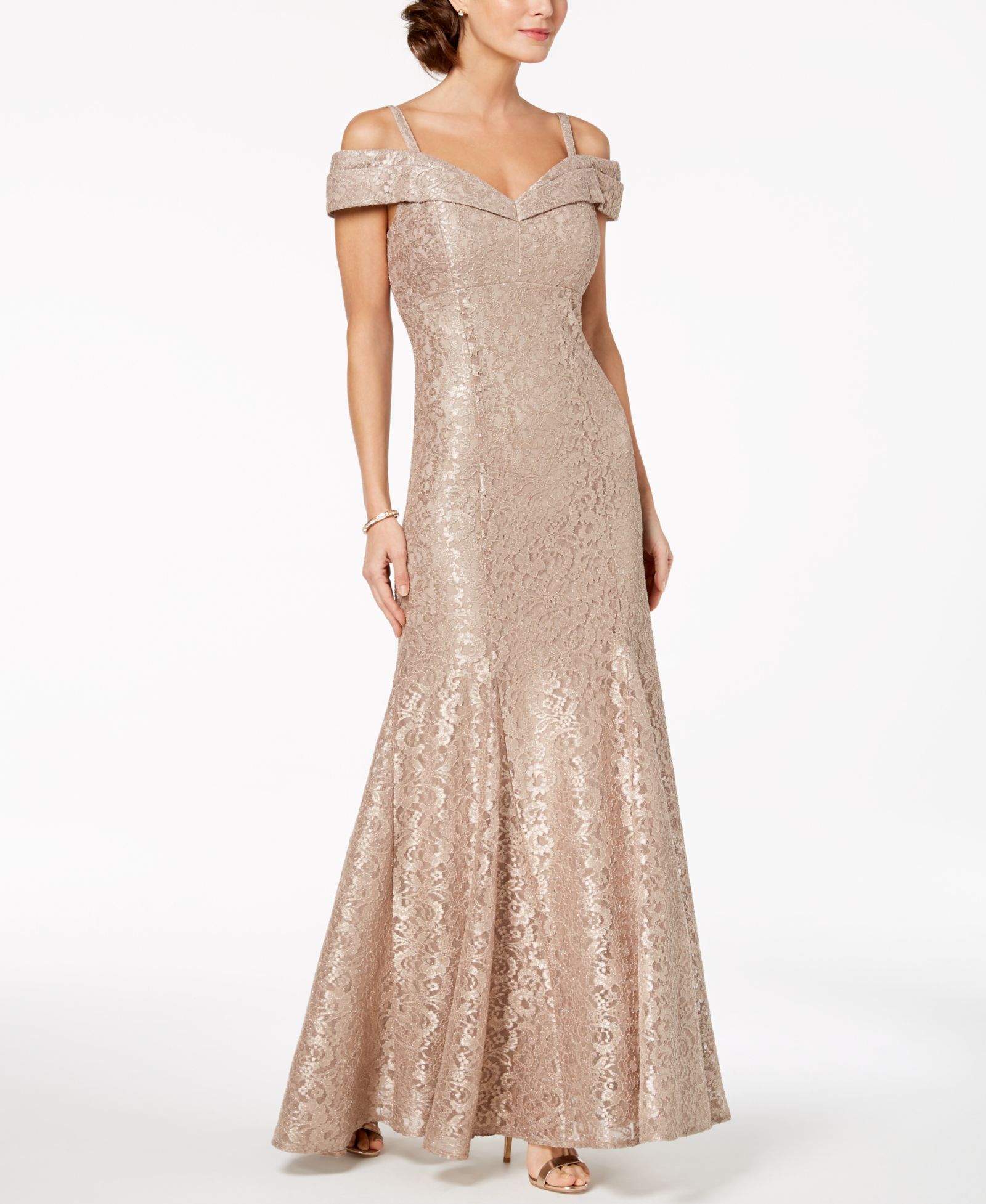 R & M Richards Off-The-Shoulder Lace Gown