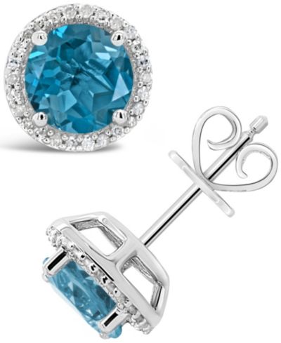 Серьги-гвоздики с London Blue Topaz (3-1/10 ct. t.w.) и Diamond (1/6 ct. t.w.) из стерлингового серебра