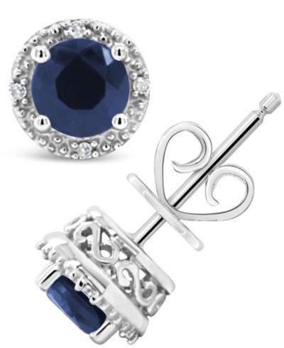 Серьги-гвоздики с сапфиром (1-1/5 ct. t.w.) и бриллиантовым акцентом из стерлингового серебра