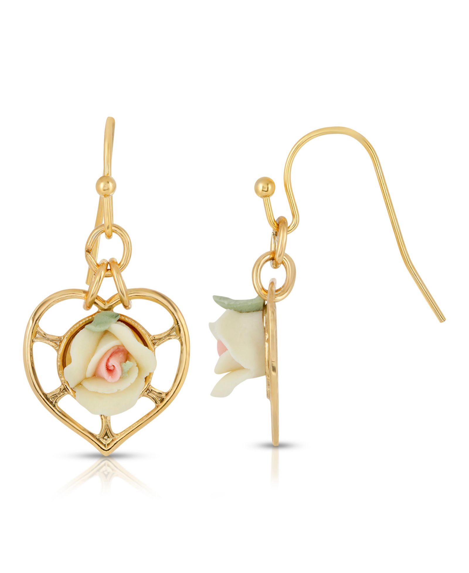 2028 14K Gold-Dipped Heart with Porcelain Rose Earrings
