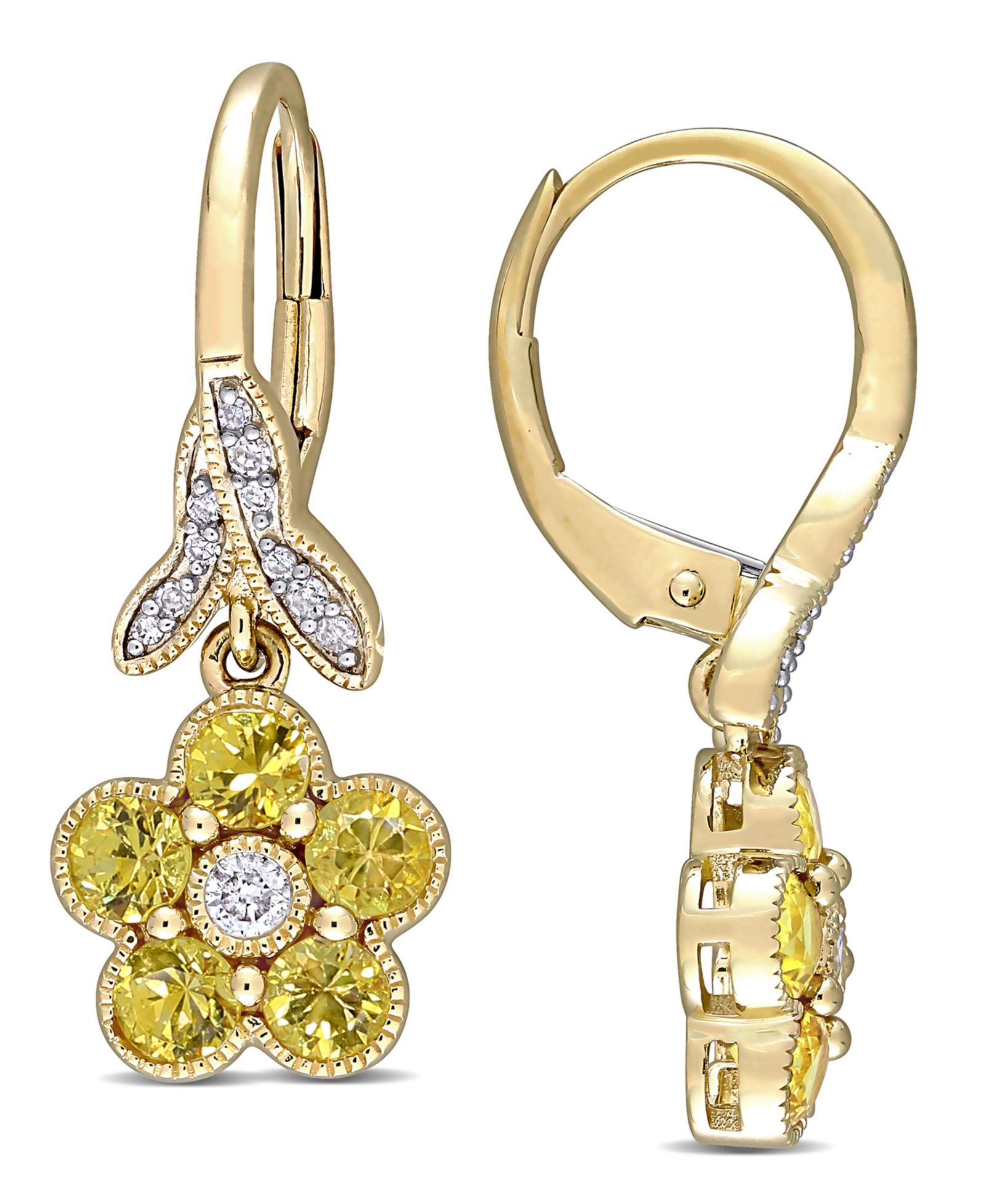 Серьги-подвески с желтым сапфиром (1-1/5 ct. t.w.) и бриллиантом (1/7 ct. t.w.) в золоте 10k