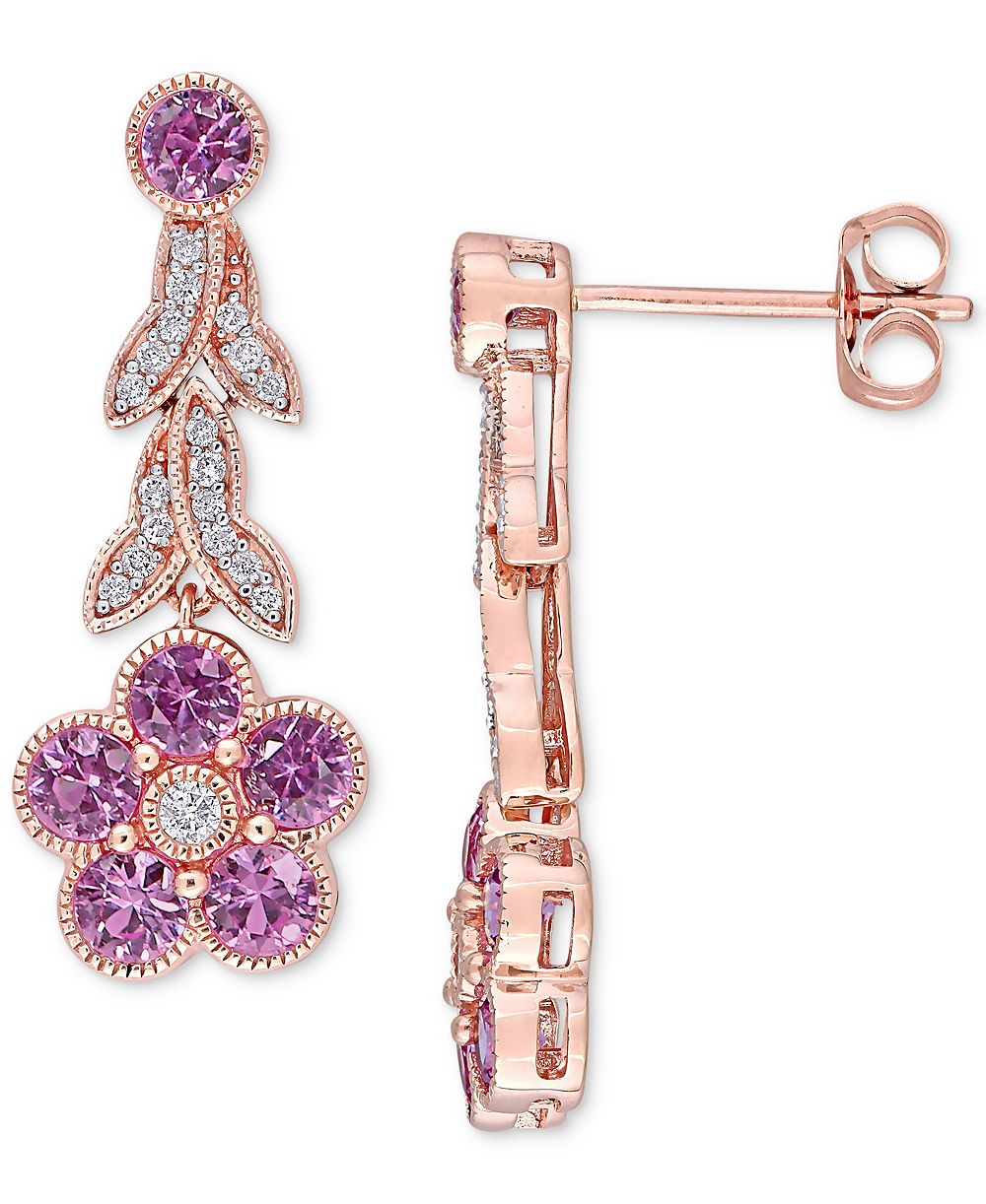 Серьги-подвески Flower Drop с розовым сапфиром (1-5/8 ct. t.w.) и бриллиантом (1/6 ct. t.w.) в розовом золоте 14k