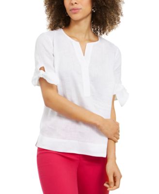 Charter Club Petite 100% Linen Split-Neck Tie Sleeve Top, Created for Macy's