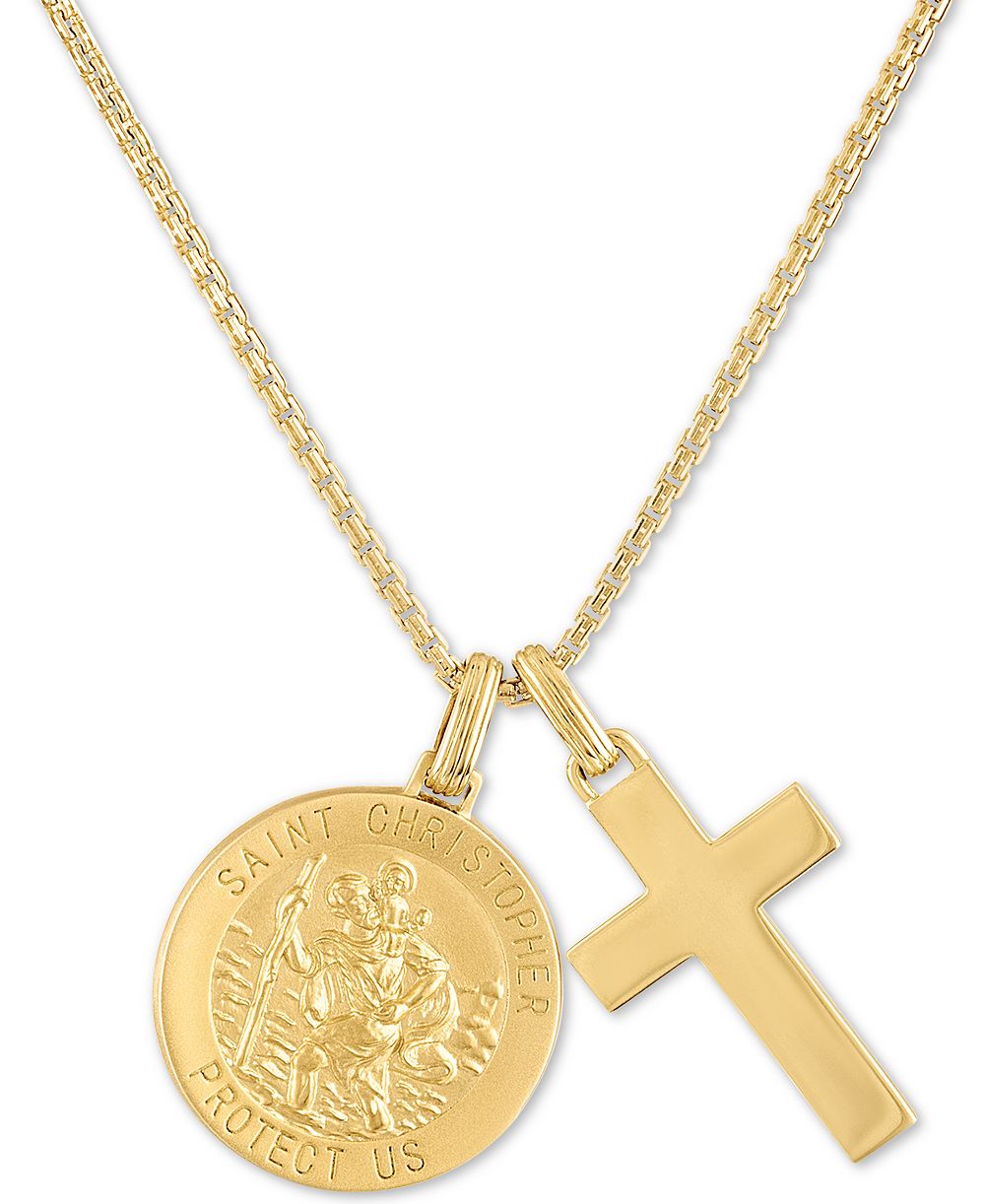Esquire Men's Jewelry St. Christopher & Cross 24" Pendant Necklace in 14k Gold-Plated Sterling Silver, Created for Macy's