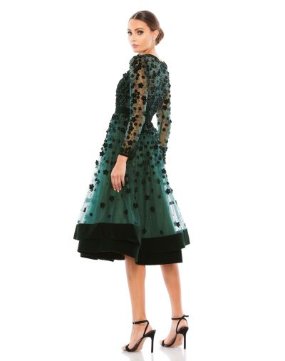 Mac Duggal Women's Embellished Illusion High Neck Long Sleeve Fit and Flare Dress