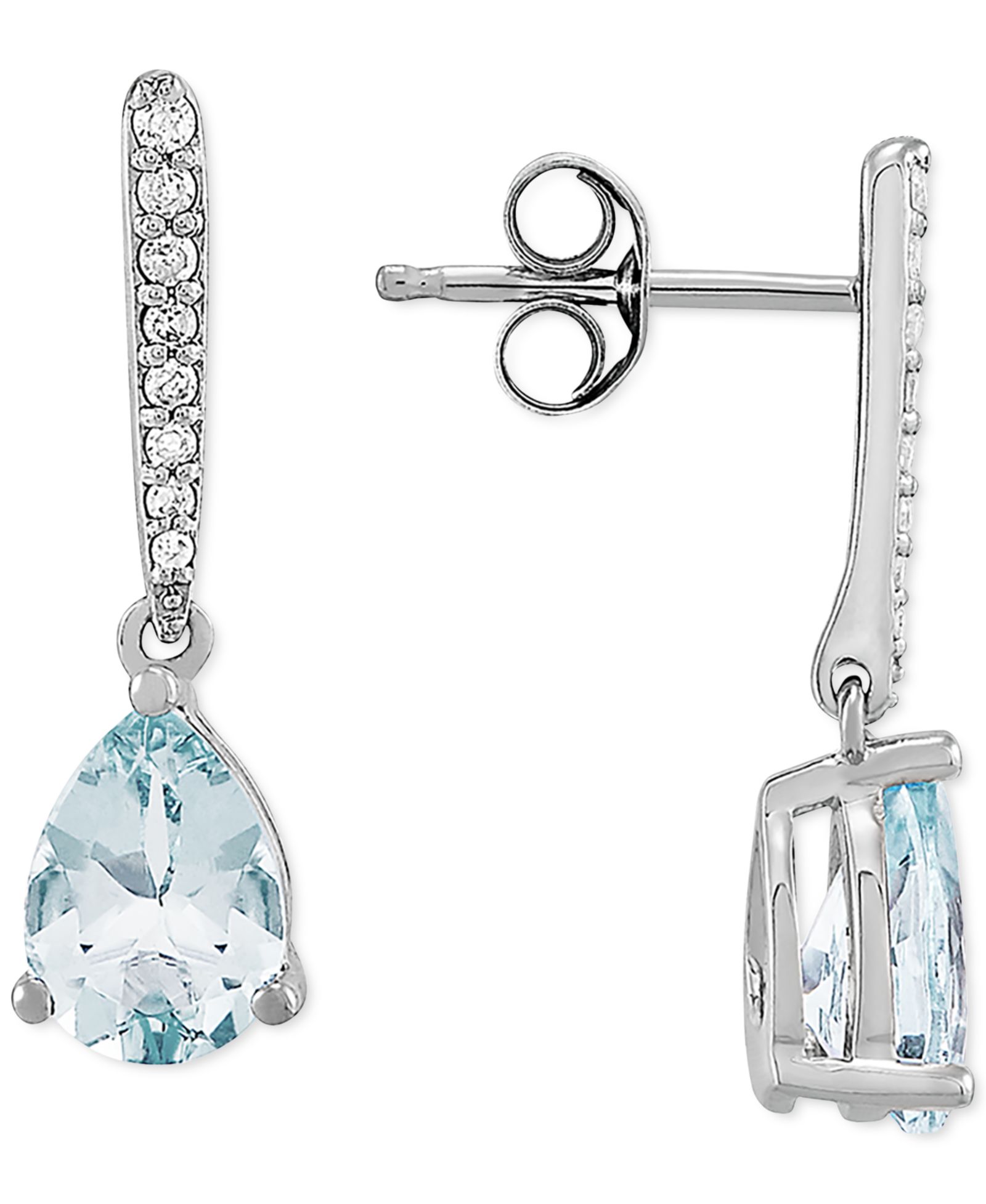 Серьги-подвески с аквамарином (1-1/5 ct. t.w.) и бриллиантом (1/10 ct. t.w.) в белом золоте 14k