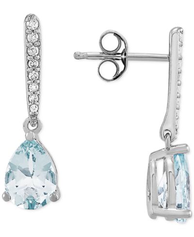 Серьги-подвески с аквамарином (1-1/5 ct. t.w.) и бриллиантом (1/10 ct. t.w.) в белом золоте 14k