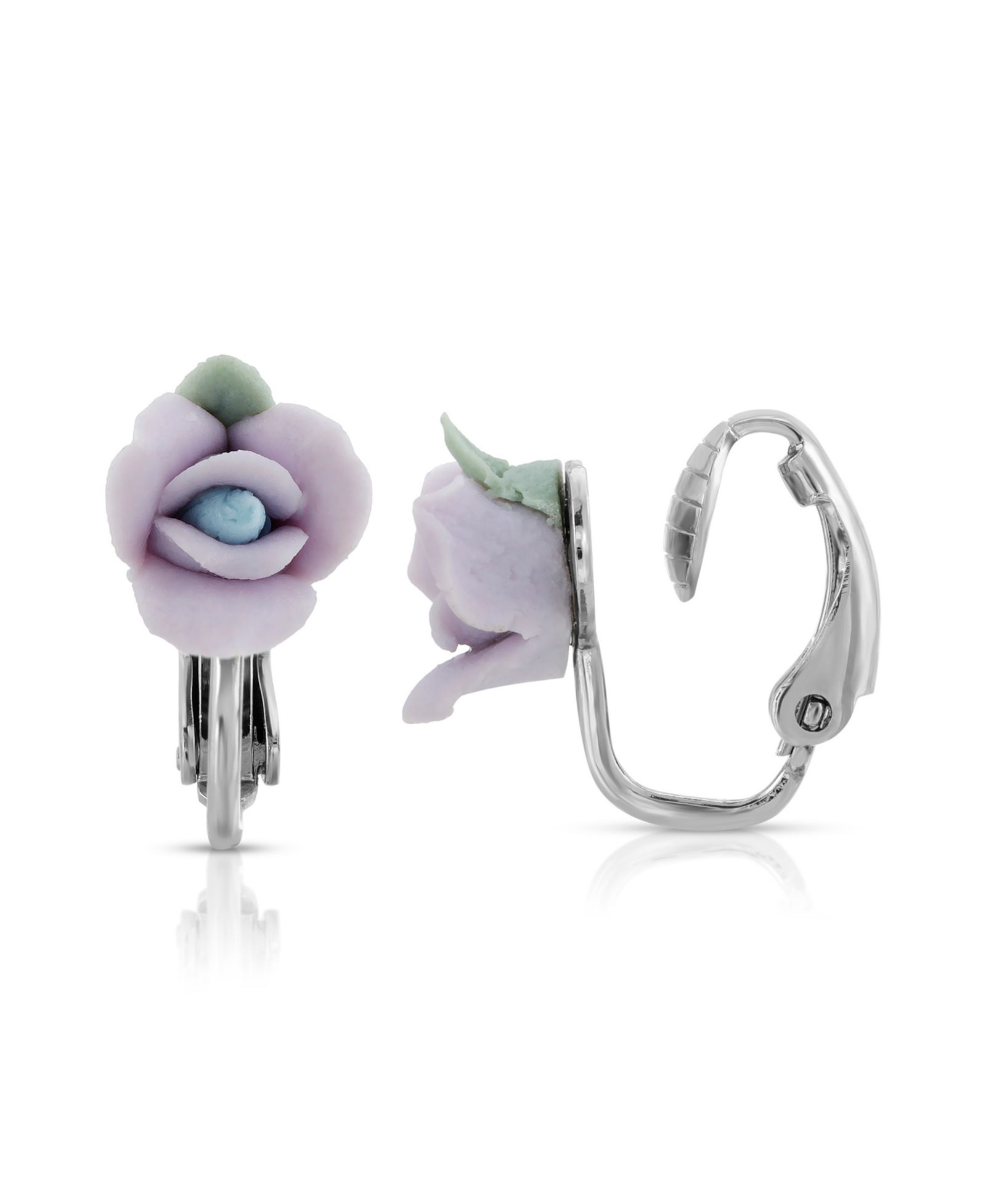 2028 Silver Tone Porcelain Rose Clip-on Earrings