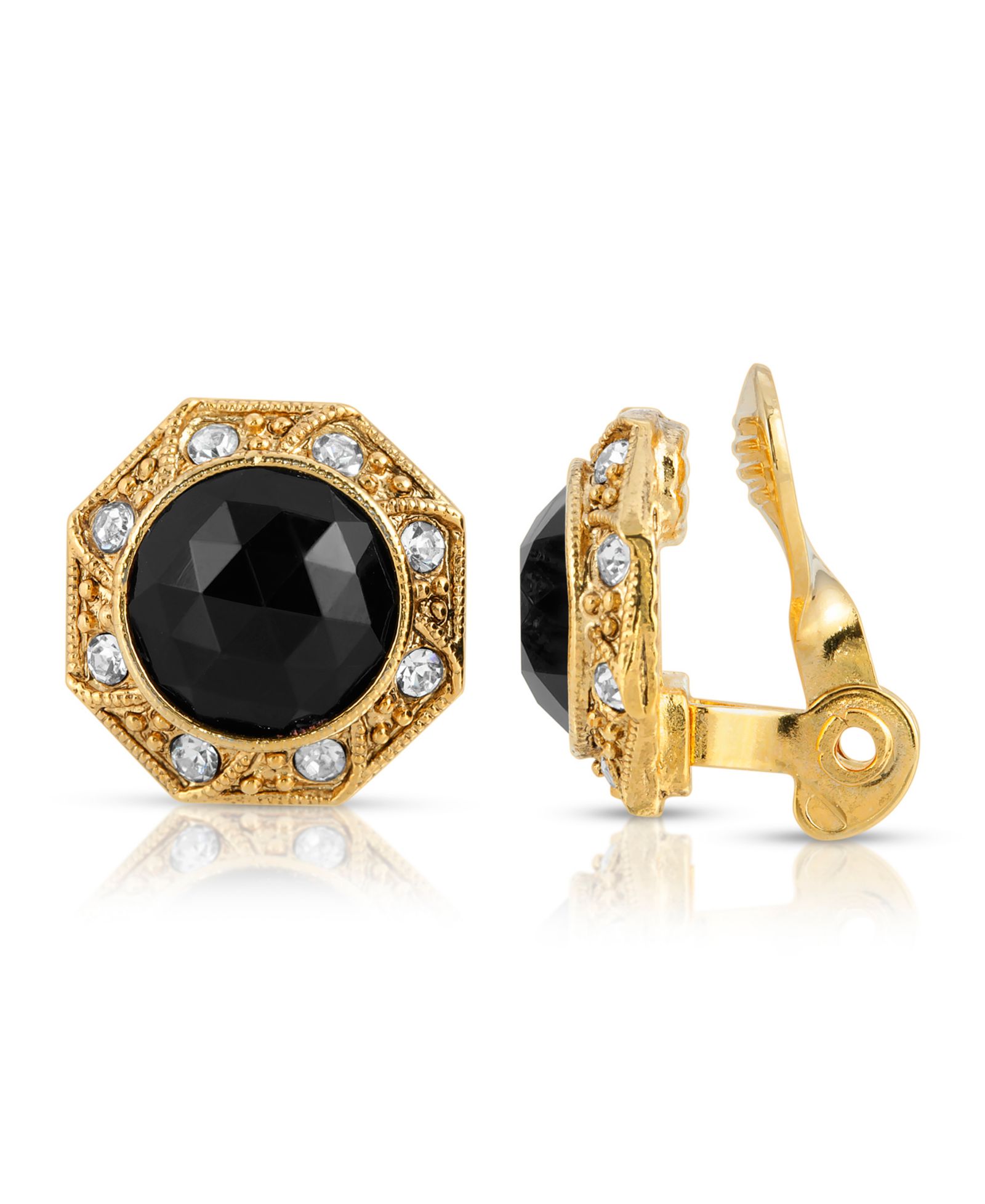 Серьги-клипсы 2028 Gold Tone Black Faceted Crystal Round Button