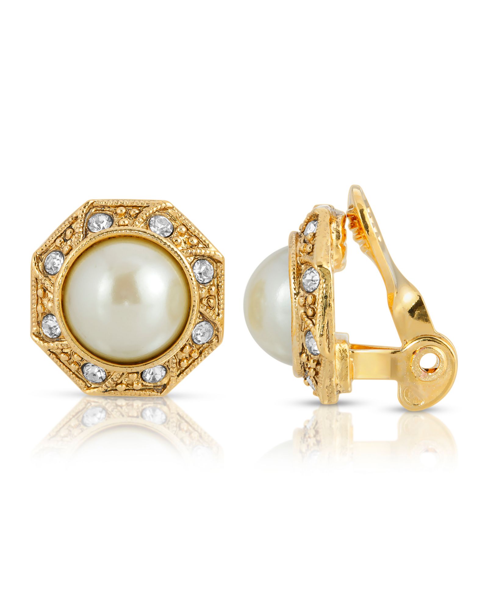 2028 Gold Tone Imitation Pearl Crystal Round Button Clip Earring