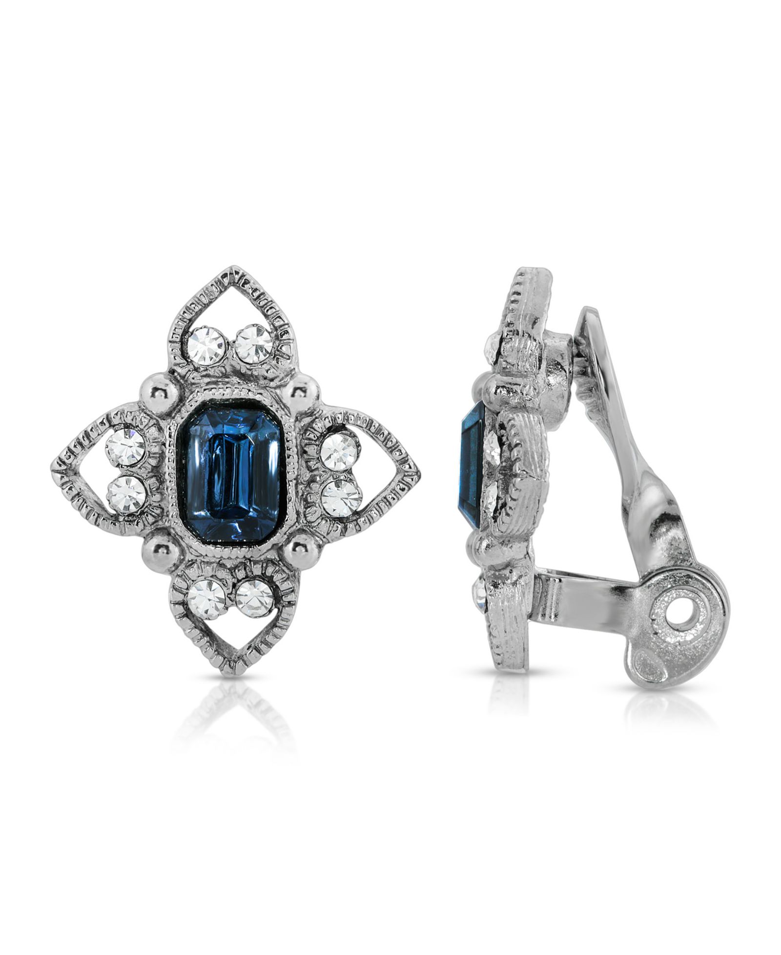 2028 Silver Tone Rectangle Crystal Floral Clip Earring