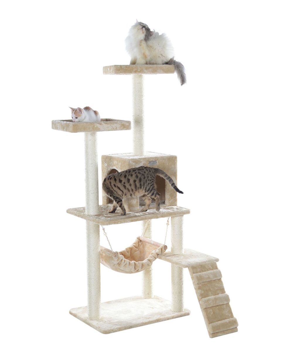 GleePet GP78570921 57-Inch Real Wood Cat Tree In Beige With Perches, Running Ramp, Condo And Hammock