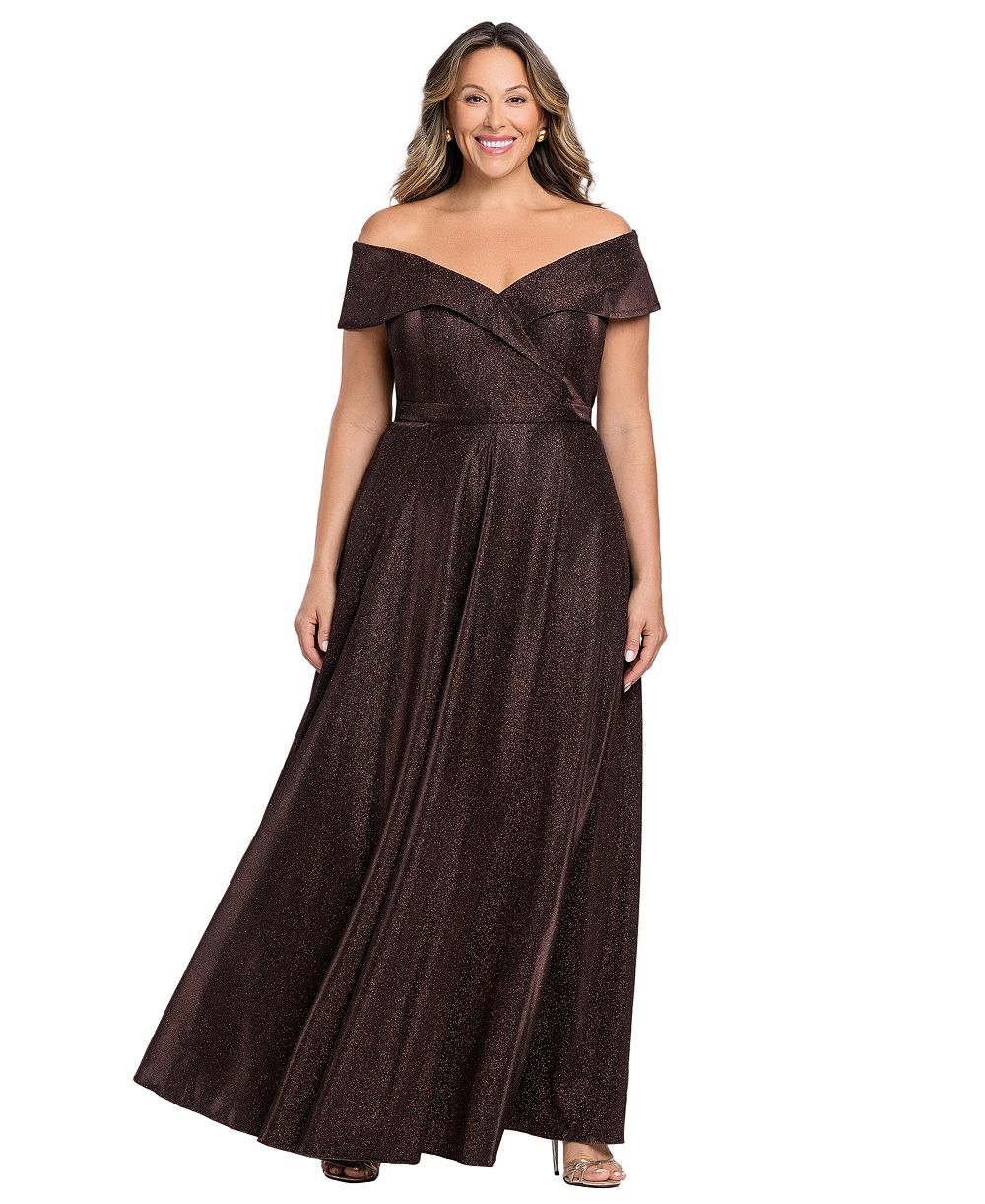 XSCAPE Plus Size Off-the-Shoulder Glitter Gown
