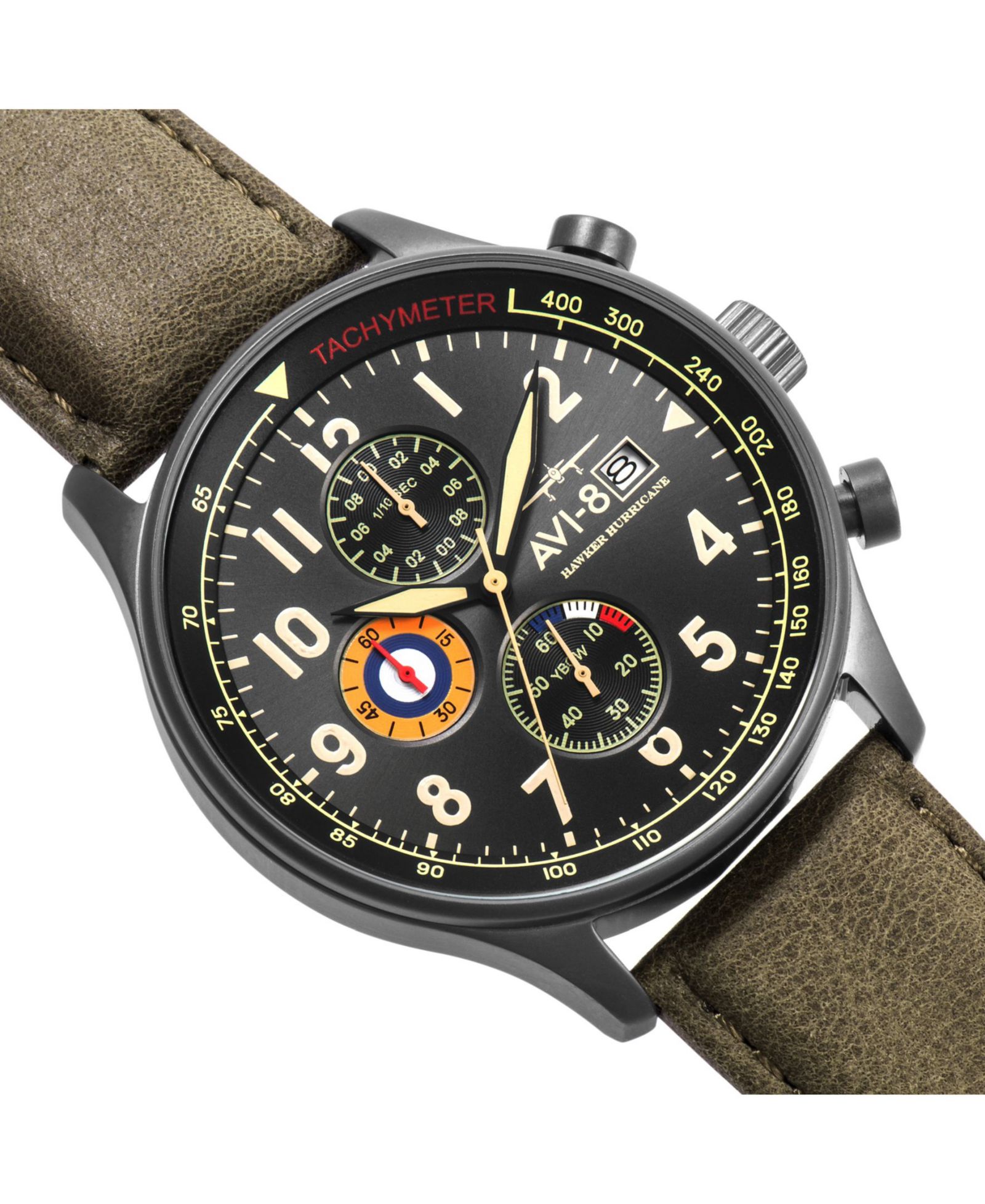 AVI-8 Men's Hawker Hurricane Chronograph Army Green Genuine Leather Strap Watch 42mm